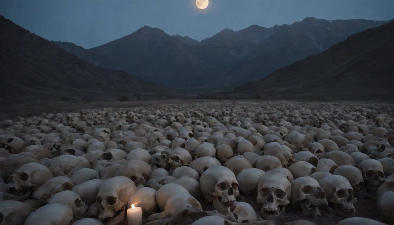 (a sea of bones and skulls, stretching as far as the eye can see, illuminated by a full moon), dramatic lighting, (mountainous landscape in the background).