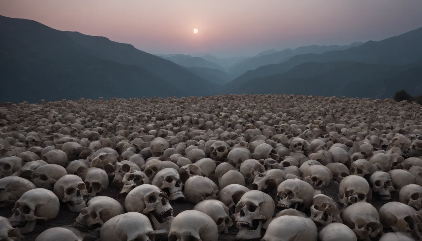 (a sea of bones and skulls, stretching as far as the eye can see, illuminated by a full moon), dramatic lighting, (mountainous landscape in the background).