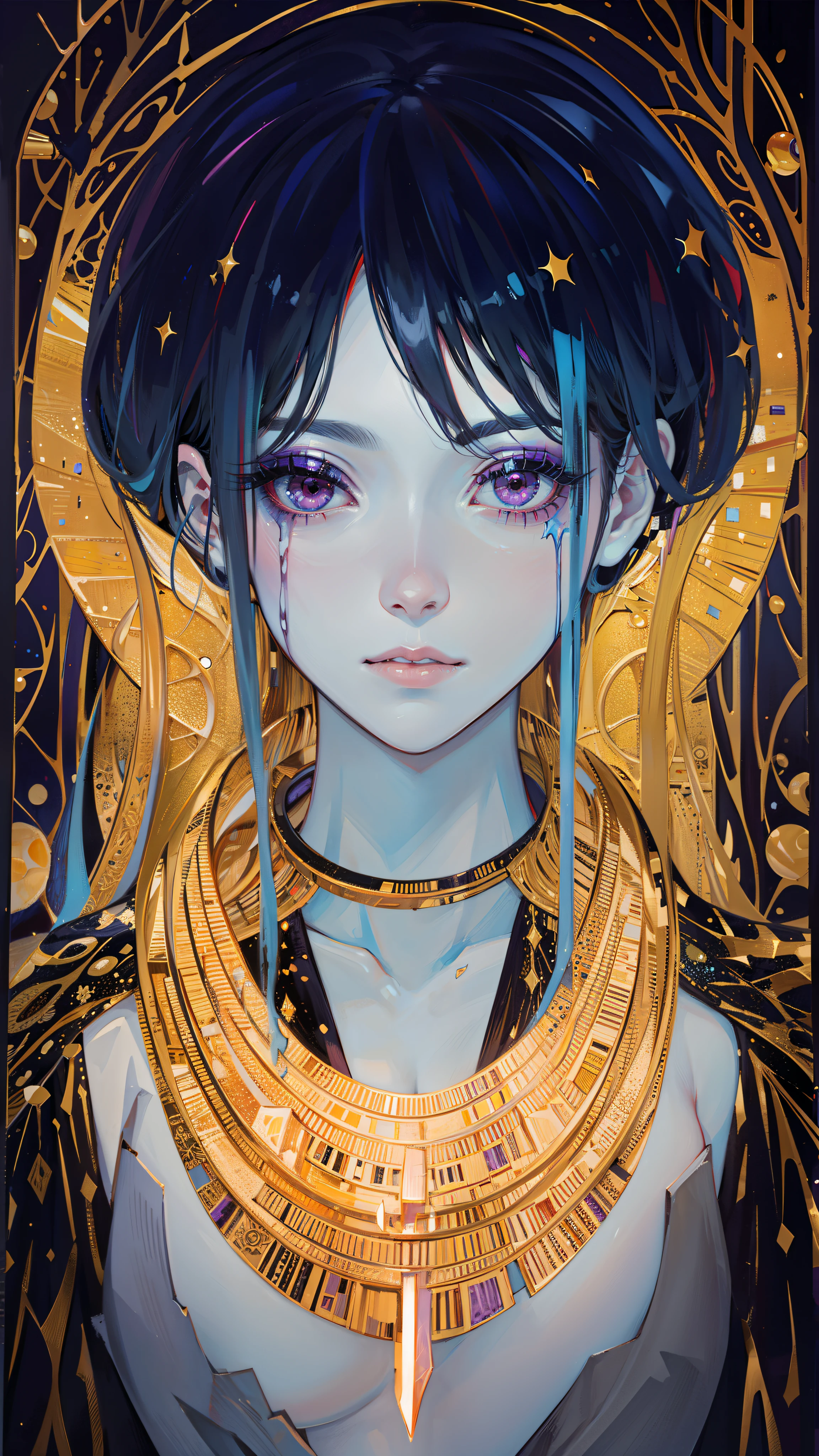 High quality. High details. 8K. Red purple eyes. Holding a sword. Melting makeup. Crackled skin. Klimt. Esoteric. Power