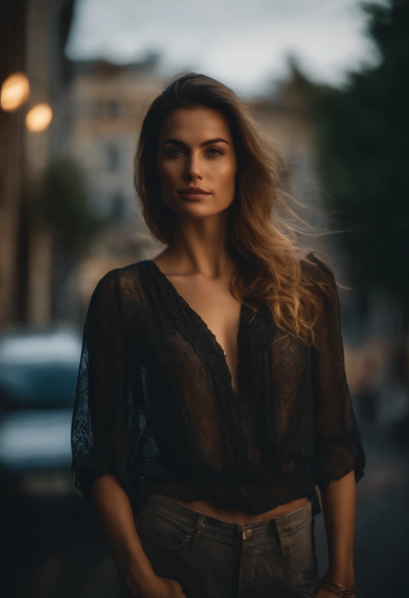 Retrato de uma mulher com roupas curtas e transparentes.