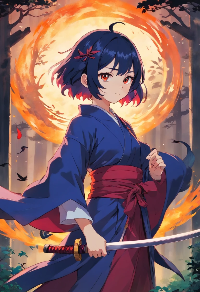 Uma menina semelhante a illyasviel do destino, de modo que no mundo anime de kimetsu no yaiba usando um haori vermelho e uma katana preta, She is short and has small breasts;, She will have white hair and fire around her sword, e com um corvo azul de tamanho medio em seu ombro esquerdo, The Raven is similar to the Mordecai of only one show, enquanto ela esta segurando sua espada flamejante, olhando para a camera