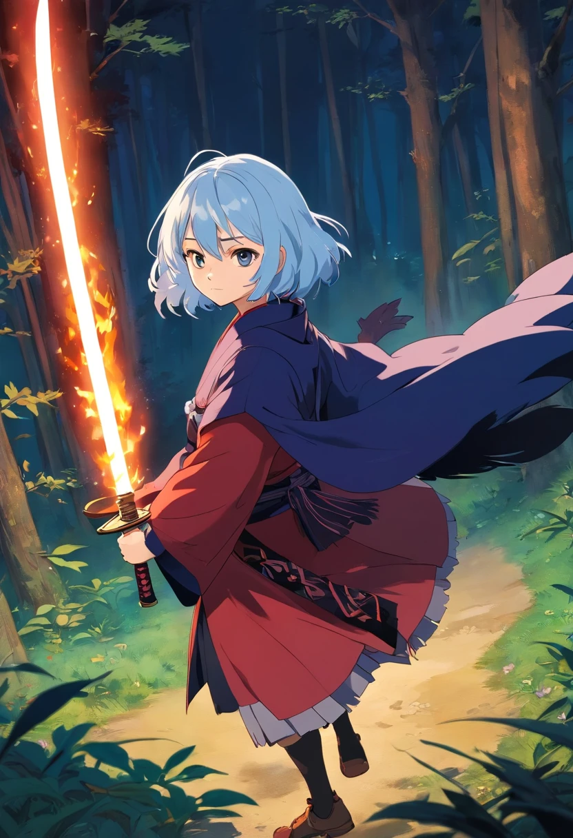 Uma menina semelhante a illyasviel do destino, de modo que no mundo anime de kimetsu no yaiba usando um haori vermelho e uma katana preta, She is short and has small breasts;, She will have white hair and fire around her sword, e com um corvo azul de tamanho medio em seu ombro esquerdo, The Raven is similar to the Mordecai of only one show, enquanto ela esta segurando sua espada flamejante, olhando para a camera