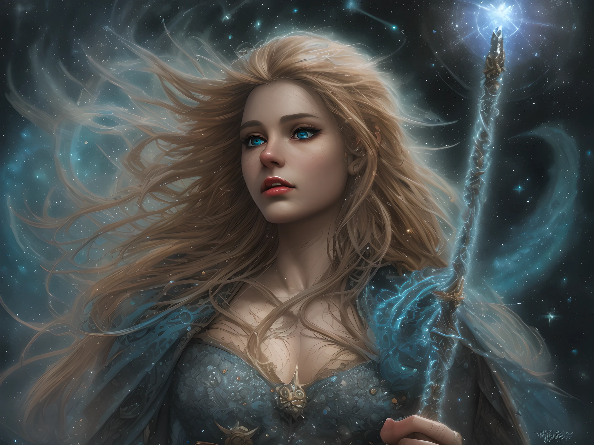 magv1ll high details, best quality, 16k, [ultra detailed], masterpiece, best quality, (extremely detailed), dynamic angle, ultra wide shot, photorealistic, ((fantasy art)) ((larry elmore style)), dnd art, rpg art, realistic art, female human druid ((masterpiece)) of the stars, guardian of nature, controlling magical energy made of stars, swirling blue stary magical light, divine symbols (1.5 intricate details,((masterpiece)), ((best quality))), human female,  extremally beautiful, ultra feminine ((masterpiece)), dynamic hair, dynamic hair color, wearing leather armor, holding a staff, moon light, stars, dynamic natural background,  RPG art, magical atmosphere magic-fantasy-forest, ((best quality)) ultra best realistic, best details, best quality, 16k, [ultra detailed], masterpiece, best quality, (extremely detailed), ultra wide shot, photorealism, depth of field, hyper realistic painting, 3D rendering