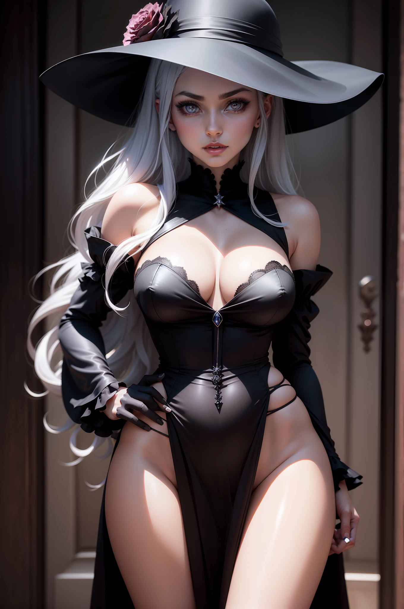 Sexy woman in a black dress and hat and a rose in her hair posing for a photo, cabelo platinado, olhos de cor rosa, Albedo do anime Overlord, Gapmoe Yandere Grimdark, Retrato Gapmoe Yandere Grimdark, anime demon, shalltear bloodfallen, personagem bruxa escura, bruxa escura da moda, menina, Bruxa das Trevas, Perfect lips, pele de porcelana, HDR, UHD, 64 mil, realista, hyper realistic, simetrical face, Motor irreal, Bokeh, high - resolution scan