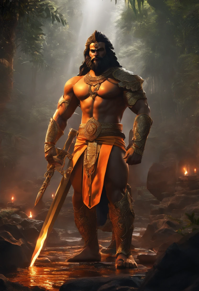 LORD HANUMAN ,a 35 years old man who has a face of a monkey, has a long tail as a monkey, proper eyes, An Indian god, Lord Hanuman, face of a monkey , moderate stature, has a big tail, Fire on the background, strongly built, broad-chested, narrow-waisted, and long-armed, big golden sword in his hand, in a dark forest (Professional 3D rendering:1.3) by (Realistic:1.3) World's most beautiful art picture, Features soft, dark complexation male heroes , hindu god, indian god, ((Epic hindu god , lord Hanuman, fantasy rough muscular man wet hero angry look long hair long slightly white beard and fierce expression in dynamic pose, wearing a orange robe, inside a jungle, burning lights in the background, majestic environment)), full body 8k unit render, action shot, skin pores, very dark lighting, heavy shading, detailed, Detailed face, (vibrant, photorealistic, Realistic , Dramatic, Dark, sharp focus, 8k), (orange cloths with heavy jewelry r:1.4), (intricate:1.4), decayed, (highly detailed:1.4), painting digital, rendering by octane, art stations, Concept-Art, smooth, sharp focus, illustration, germ of art, (Loish:0.23), Wlop Ilya Kuvshinov, and Greg Rutkowski and Alphonse Mucha Gracias, (global illumination, studiolight, Light Volumetric ), heavy rain, floating particles, scoundrel, fantasy, Eleven, full bodyesbian, ((Dark old city background:1.3)),CGSesociedade,art stations