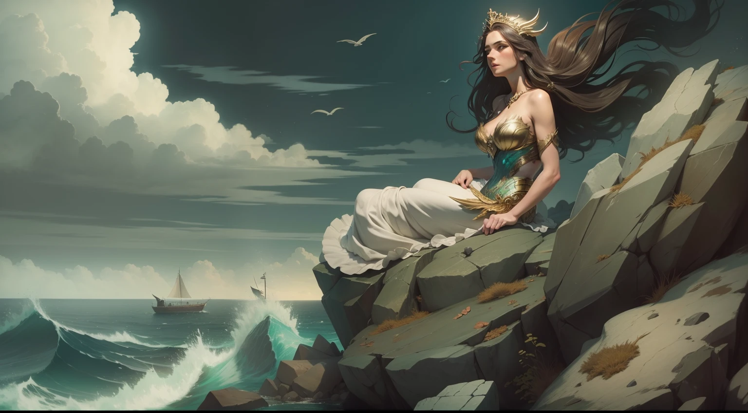 A majestic siren perched atop a rocky outcropping, her enchanting song echoing across the sea and luring sailors to their doom.