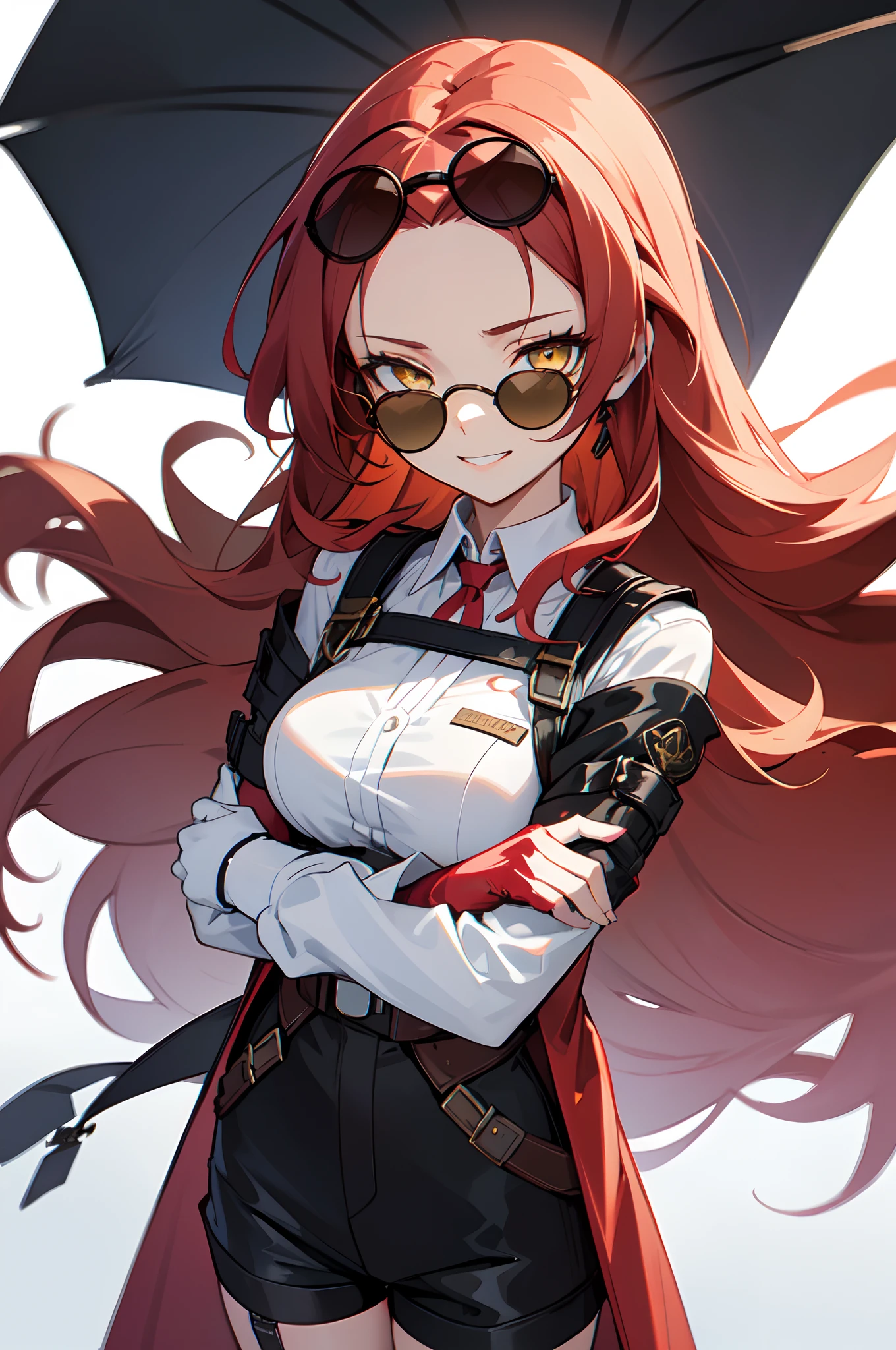 1girl, young woman, solo, long hair, big hair, (forehead:1.13), (round sunglasses:1.2), yellow eyes, scarlet red hair, medium breasts, grin, (overcoat, black coat, open coat:1.2), white shirt, collared shirt, (chest harness, shoulder strap:1.15), black leather shorts, garter belt, gloves, elegant, crossed arms, looking at viewer, standing, (close-up:1.3), face only, cowboy shot, masterpiece, best quality, 4k