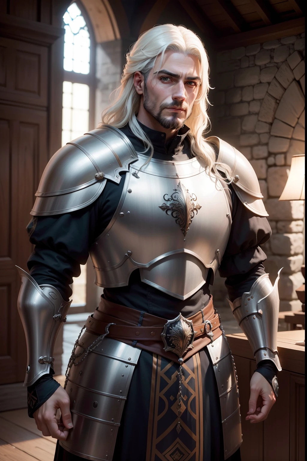 a fotografia de um homem de cabelos brancos, usando uma armadura medieval, rosto detalhado, olhos brancos, corpo completo. realista, 8k.