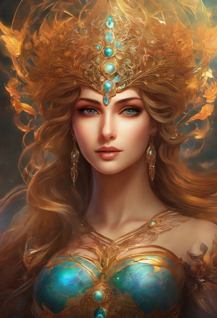 (best qualtiy,ultra - detailed,Most Best Illustration,Best shadow,tmasterpiece,A high resolution,professionalartwork,famousartwork),Detailed eyes,beautidful eyes,closeup cleavage,sci-fy,colored sclera,Robot eyes,face markings,Tattooed with,(fractalized,Fractal eyes),largeeyes,Wide eyes,(Eye focus),sface focus,Cosmic eyes,Space eyes,Close-up of metal sculpture of a woman with a moon in her hair,goddes。extremly high detail,3 d goddess portrait,Extremely detailed footage of the goddess,a stunning portrait of a goddess,Side image of the goddess,portrait of a beautiful goddess,Full body close-up portrait of the goddess,hecate goddess,portrait of a norse moon goddess,goddess of space and time