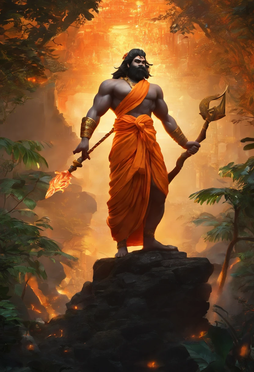 LORD HANUMAN ,a 35 years old man who has a face of a monkey, has a long tail as a monkey, proper eyes, An Indian god, Lord Hanuman, face of a monkey , moderate stature, has a big tail, Fire on the background, strongly built, broad-chested, narrow-waisted, and long-armed, big golden sword in his hand, in a dark forest (Professional 3D rendering:1.3) by (Realistic:1.3) World's most beautiful art picture, Features soft, dark complexation male heroes , hindu god, indian god, ((Epic hindu god , lord Hanuman, fantasy rough muscular man wet hero angry look long hair long slightly white beard and fierce expression in dynamic pose, wearing a orange robe, inside a jungle, burning lights in the background, majestic environment)), full body 8k unit render, action shot, skin pores, very dark lighting, heavy shading, detailed, Detailed face, (vibrant, photorealistic, Realistic , Dramatic, Dark, sharp focus, 8k), (orange cloths with heavy jewelry r:1.4), (intricate:1.4), decayed, (highly detailed:1.4), painting digital, rendering by octane, art stations, Concept-Art, smooth, sharp focus, illustration, germ of art, (Loish:0.23), Wlop Ilya Kuvshinov, and Greg Rutkowski and Alphonse Mucha Gracias, (global illumination, studiolight, Light Volumetric ), heavy rain, floating particles, scoundrel, fantasy, Eleven, full bodyesbian, ((Dark old city background:1.3)),CGSesociedade,art stations