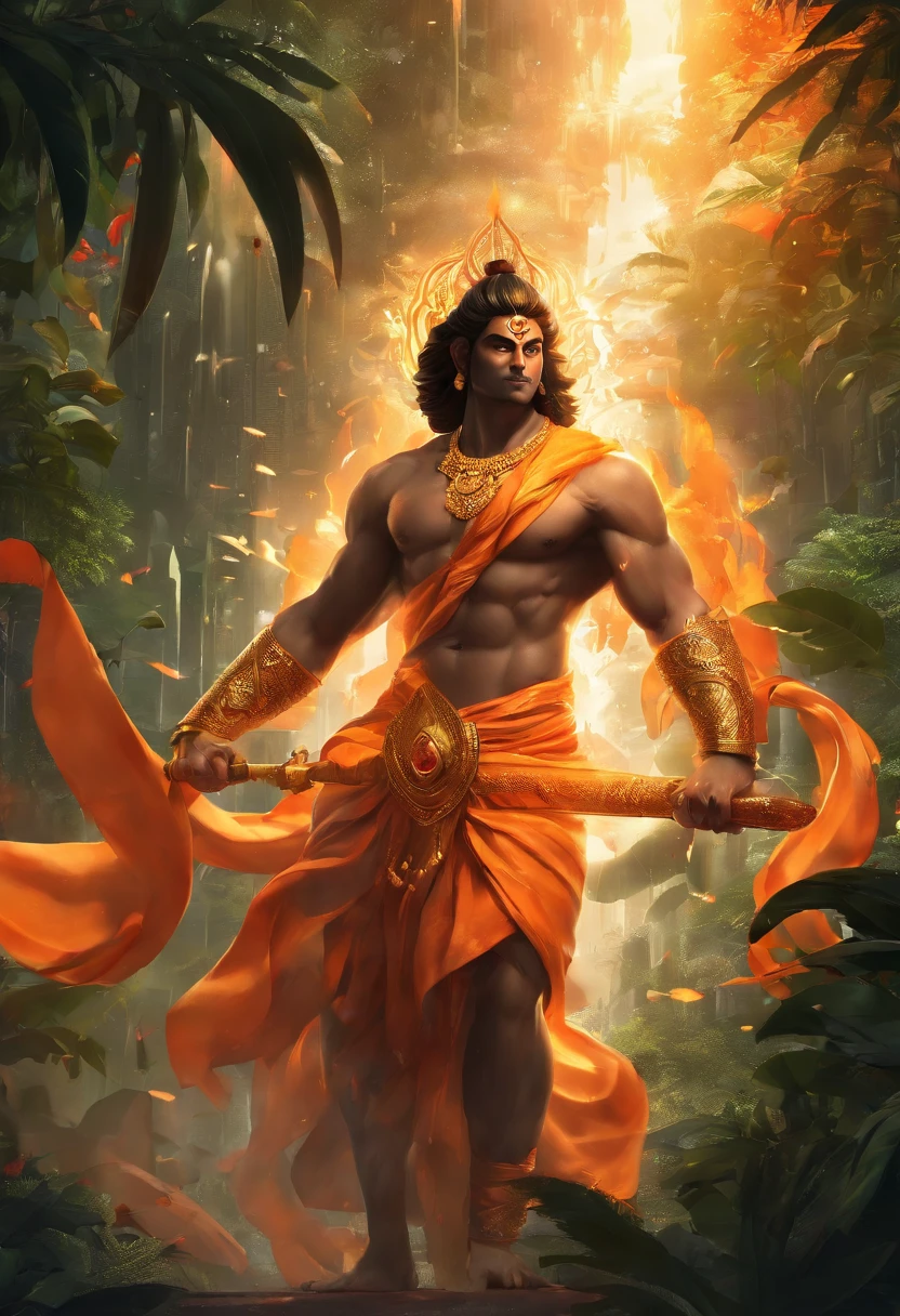 LORD HANUMAN ,a 35 years old man who has a face of a monkey, has a long tail as a monkey, proper eyes, An Indian god, Lord Hanuman, face of a monkey , moderate stature, has a big tail, Fire on the background, strongly built, broad-chested, narrow-waisted, and long-armed, big golden sword in his hand, in a dark forest (Professional 3D rendering:1.3) by (Realistic:1.3) World's most beautiful art picture, Features soft, dark complexation male heroes , hindu god, indian god, ((Epic hindu god , lord Hanuman, fantasy rough muscular man wet hero angry look long hair long slightly white beard and fierce expression in dynamic pose, wearing a orange robe, inside a jungle, burning lights in the background, majestic environment)), full body 8k unit render, action shot, skin pores, very dark lighting, heavy shading, detailed, Detailed face, (vibrant, photorealistic, Realistic , Dramatic, Dark, sharp focus, 8k), (orange cloths with heavy jewelry r:1.4), (intricate:1.4), decayed, (highly detailed:1.4), painting digital, rendering by octane, art stations, Concept-Art, smooth, sharp focus, illustration, germ of art, (Loish:0.23), Wlop Ilya Kuvshinov, and Greg Rutkowski and Alphonse Mucha Gracias, (global illumination, studiolight, Light Volumetric ), heavy rain, floating particles, scoundrel, fantasy, Eleven, full bodyesbian, ((Dark old city background:1.3)),CGSesociedade,art stations