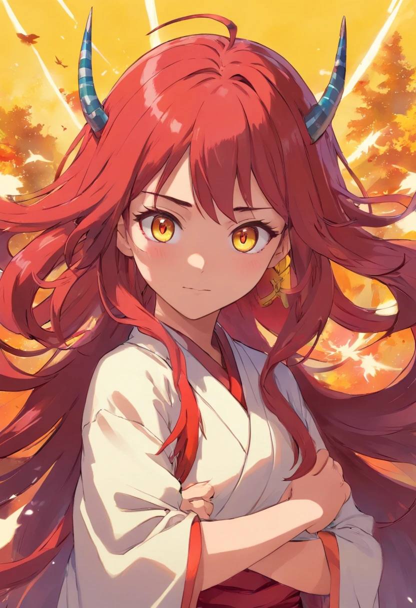 Mulher, Cabelo grande, Hair color is Red and Yellow, espada na sua cintura, has costumes of the anime demon corporation "Kimetsu no Yaiba", haori com cores Brancas Vermelhas e Azuis. folded arms, looking-into-camera, Brava, Alegre, Chateada.