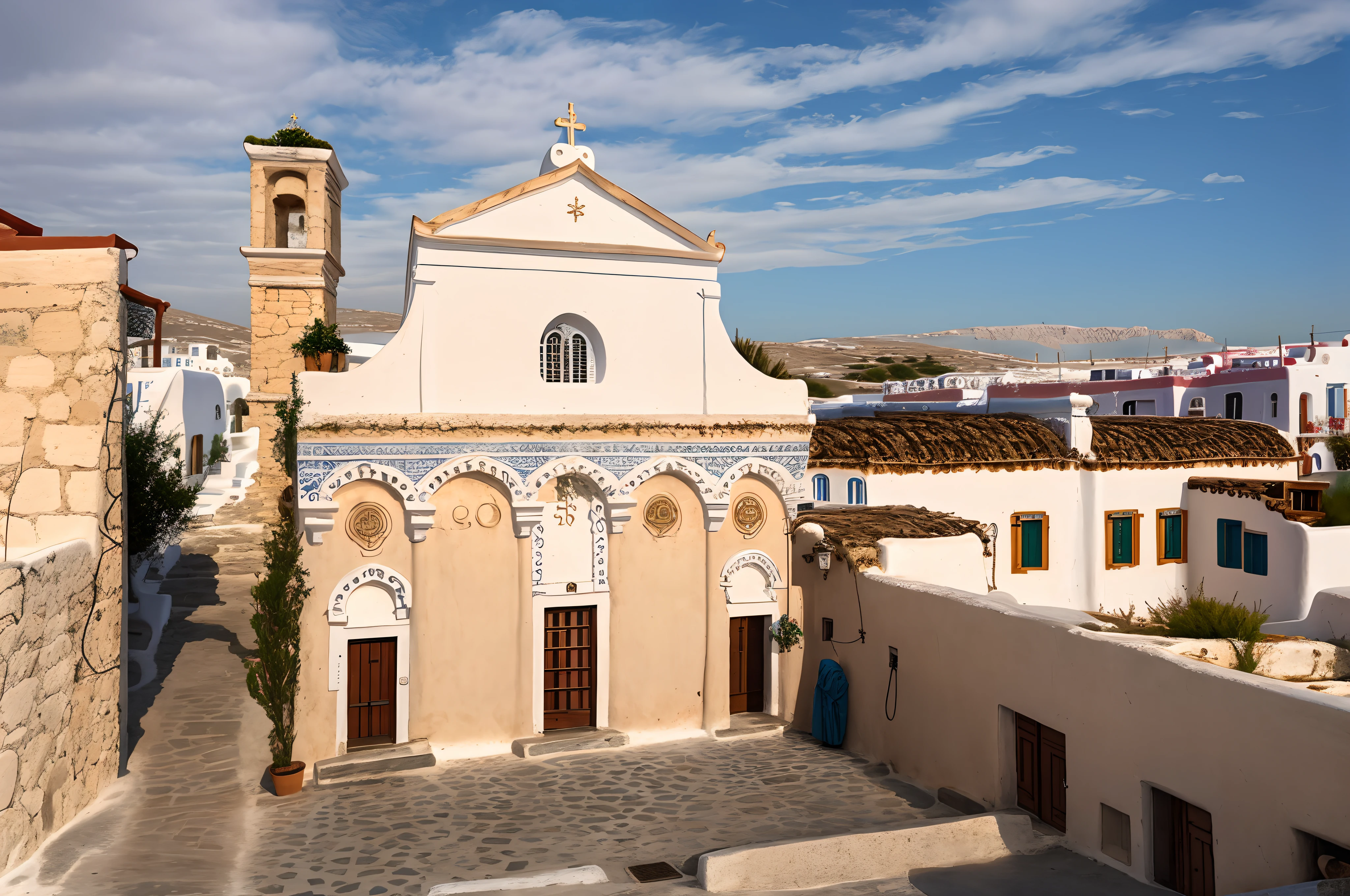 a photography of the facade of a christian orthodox church in Mykonos, many white buildings are part of the city, hyperrealism
