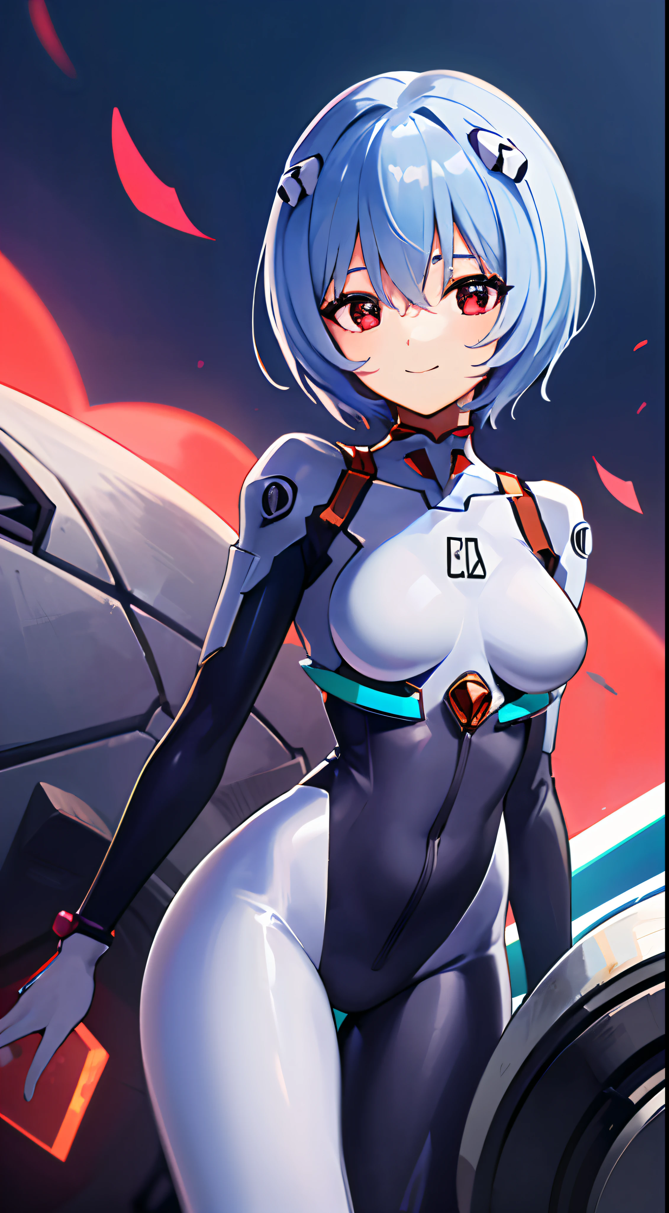 ((masuter piece)),top-quality, illustratio, beatiful detailed eyes, beautiful detailed hair, Floating hair, 1girl in, Ayanami, shorth hair, s Armor, deadpan, skiny, 独奏, turtle neck, body suit, mechs, 城市, a park,、a smile