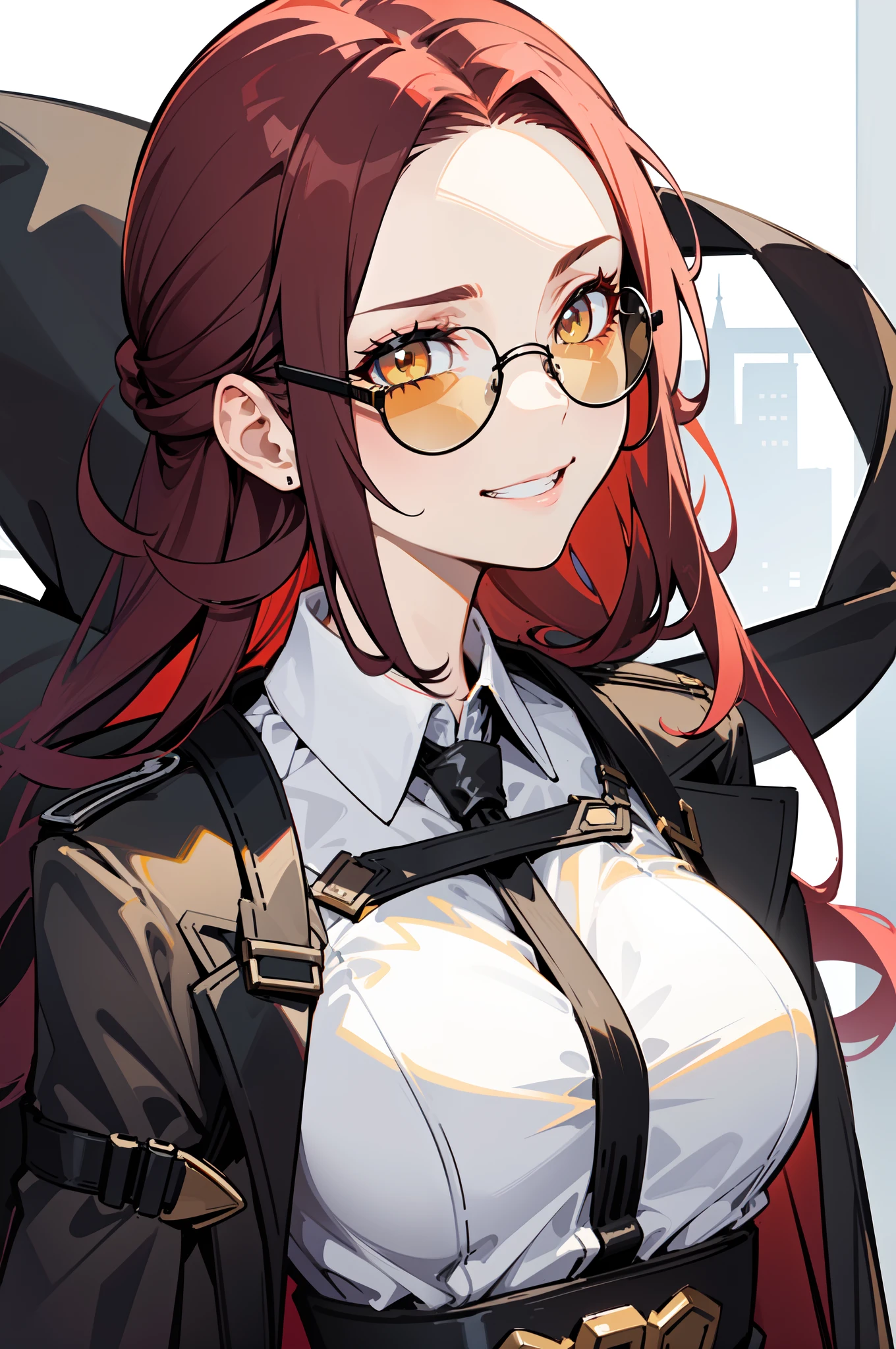 1girl, young woman, solo, long hair, big hair, (forehead:1.13), (round sunglasses:1.2), yellow eyes, scarlet red hair, medium breasts, grin, (overcoat, black coat, open coat:1.2), white shirt, collared shirt, (chest harness, shoulder strap:1.15), black leather shorts, garter belt, gloves, elegant, crossed arms, looking at viewer, standing, (close-up:1.3), face only, cowboy shot, masterpiece, best quality, 4k