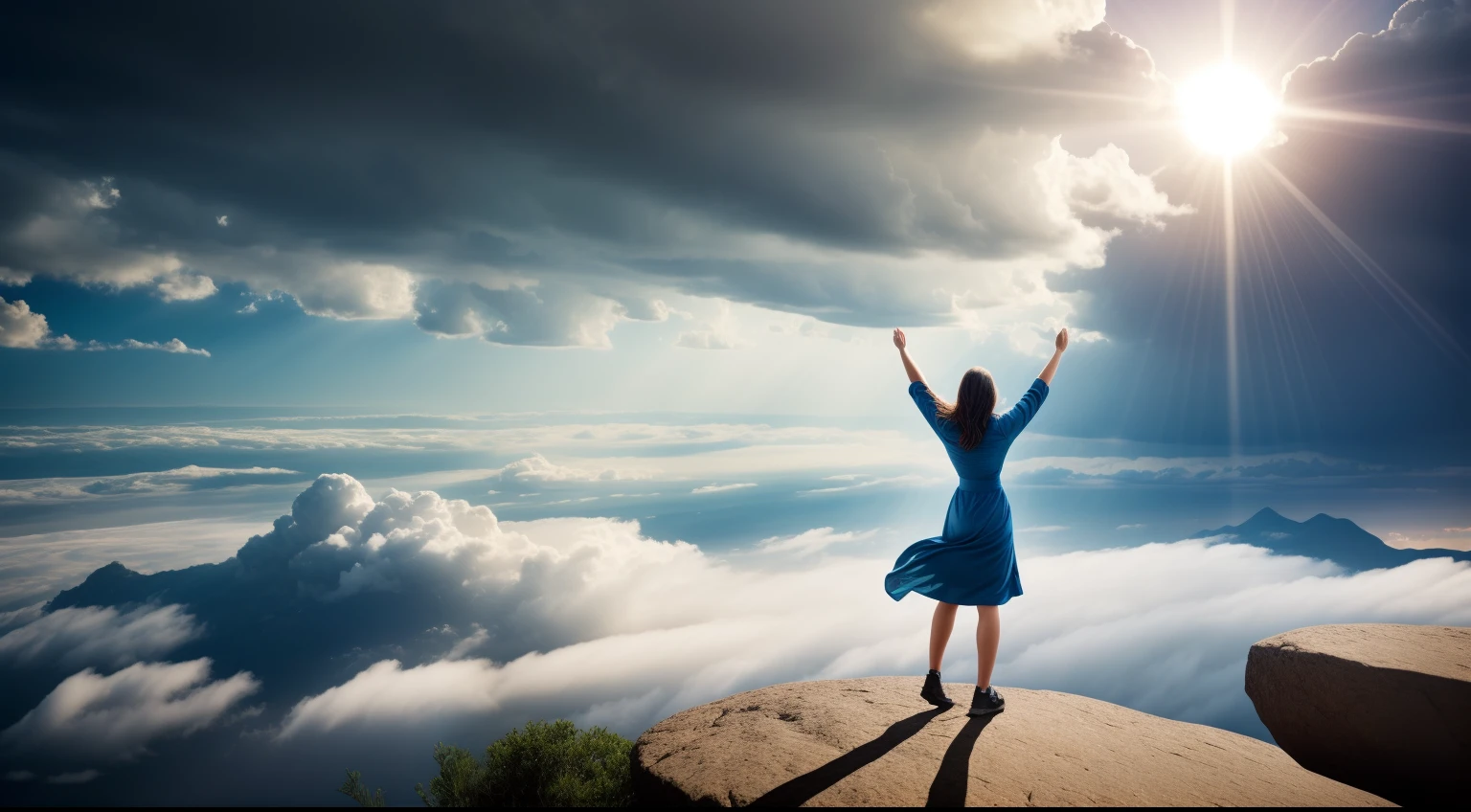 A stylized figure of a person, with eyes closed and arms outstretched, in an open field, surrounded by clouds. A ray of divine light radiates from above, enveloping the figure in a glowing aura. All around, there are scenarios that represent life's challenges and uncertainties, such as storms, rocks and obstacles. However, the figure remains firm and determined, demonstrating the courage and confidence that faith provides to move forward, even in the midst of uncertainties.