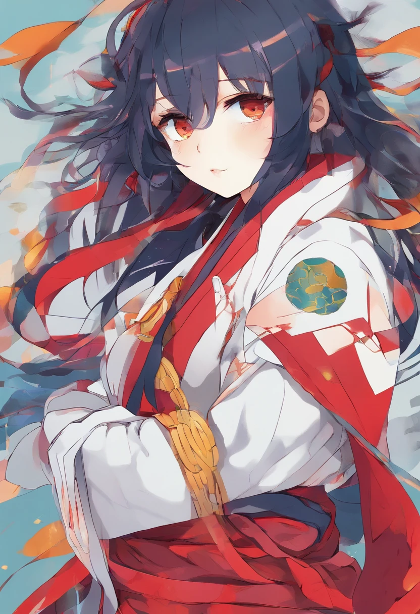 Mulher, Cabelo grande, Hair color is Red and Yellow, espada na sua cintura, has costumes of the anime demon corporation "Kimetsu no Yaiba", haori com cores Brancas Vermelhas e Azuis. folded arms, looking-into-camera, Brava, Alegre, Chateada.