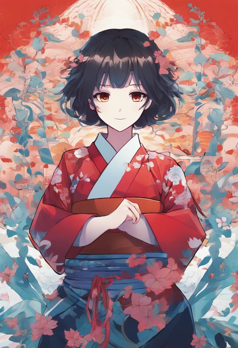 Mulher, Cabelo grande, Hair color is Red and Yellow, espada na sua cintura, has costumes of the anime demon corporation "Kimetsu no Yaiba", haori com cores Brancas Vermelhas e Azuis. folded arms, looking-into-camera, Brava, Alegre, Chateada.