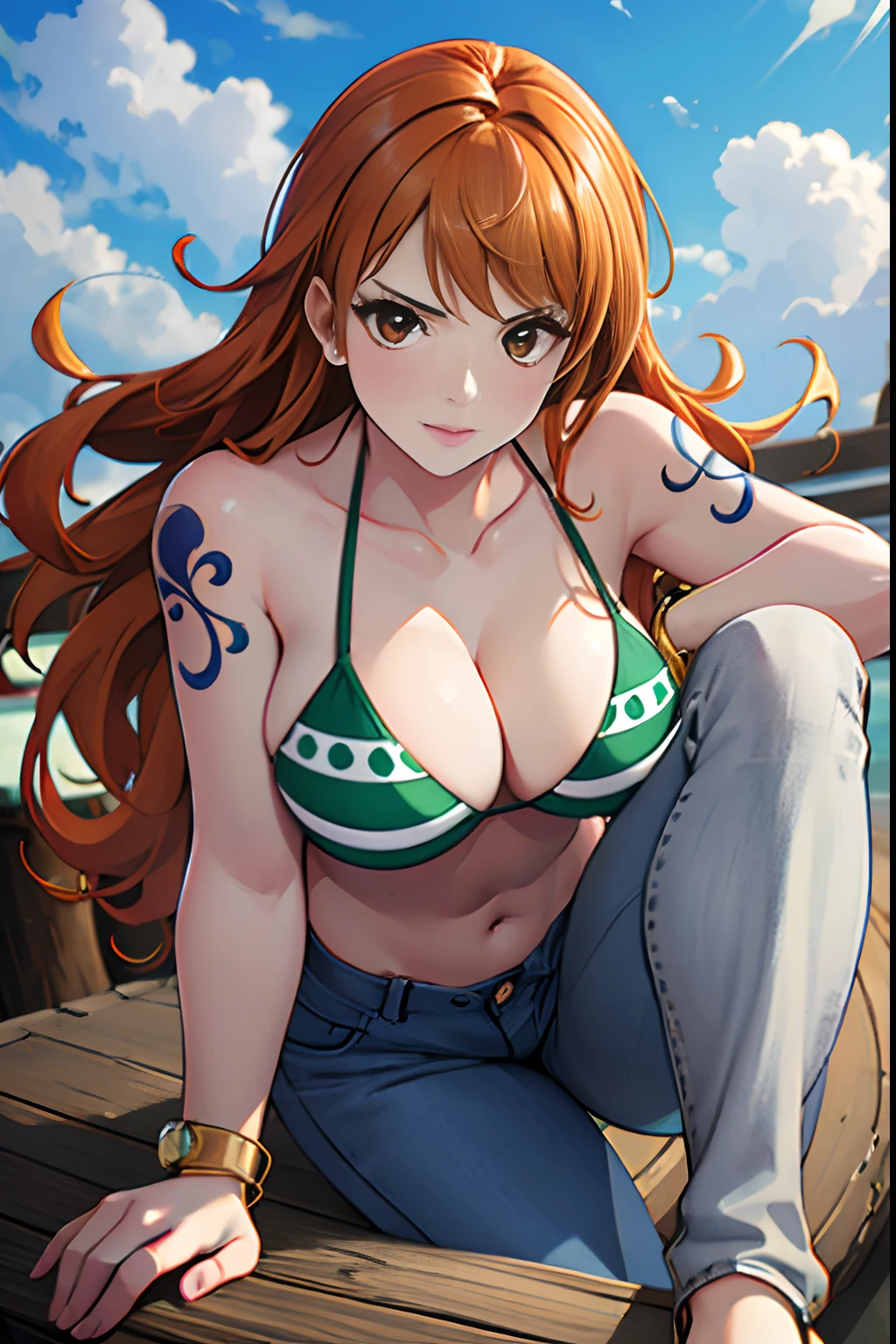 (((masterpiece+best quality+high resolution+ultra-detailed))), 1girl with clima-tact, Nami sharp tough looking to the right, long silky orange hair, high nose, sharp eyes, noble and inviolable temperament, (([female]: 1.2 + [beauty]: 1.2 + orange long hair: 1.2)), no background just white, blue sky, clouds, log pose, gold bracelets, revealing green and white bikini halter top, tight low-rider jeans, shoulder tattoo, bright eyes, dynamic angle and posture.