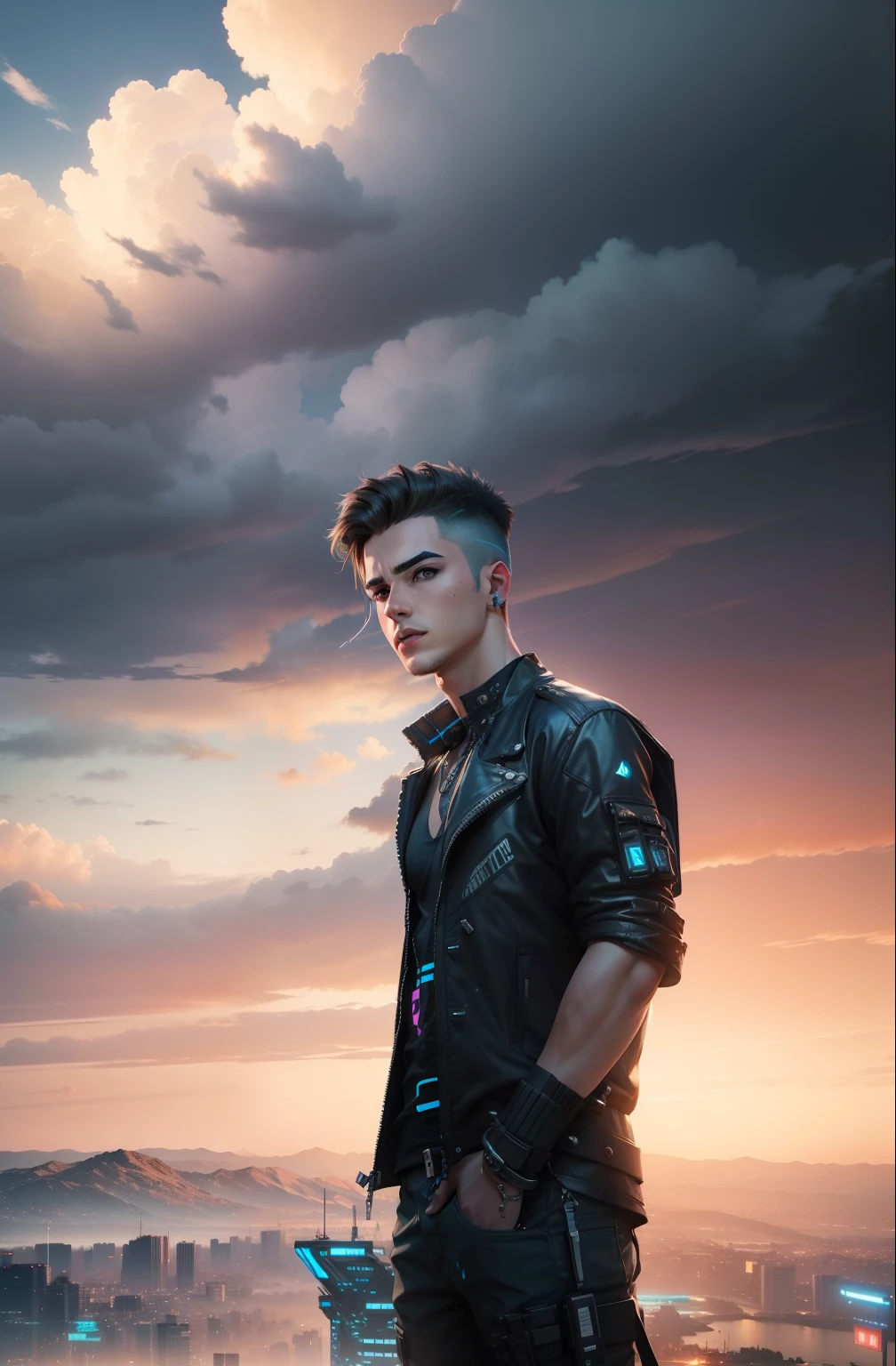 Butiful sky, beautiful boy, beautiful sky, Change background cyberpunk handsome boy, realistic face, 8k, ultra realistic,