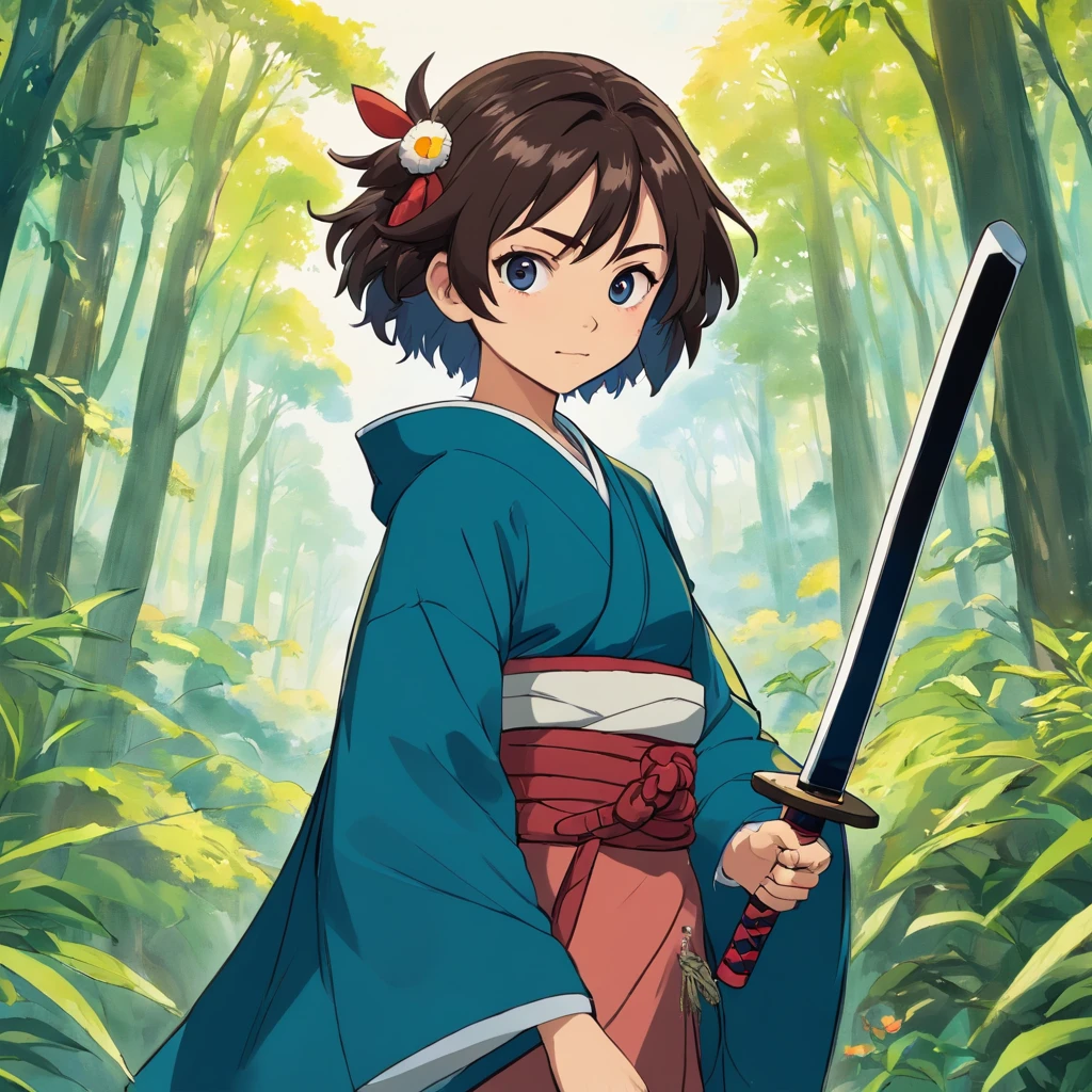 Uma garota de 15 anos, com coisas semelhantes ao mundo de kimetsu no yaiba, ela vai ter cabelos brancos de tamanho medio, olhos escuros, e um corvo azul em seu colo enquanto ela esta sentada,ela vaj estar sentada em um chao de madeira e olhando para cima, ela vai usar um haori preto com desenho de chamas vernelhas nele, ela vai ter uma katana em seu coudre que emite chamas laranjas