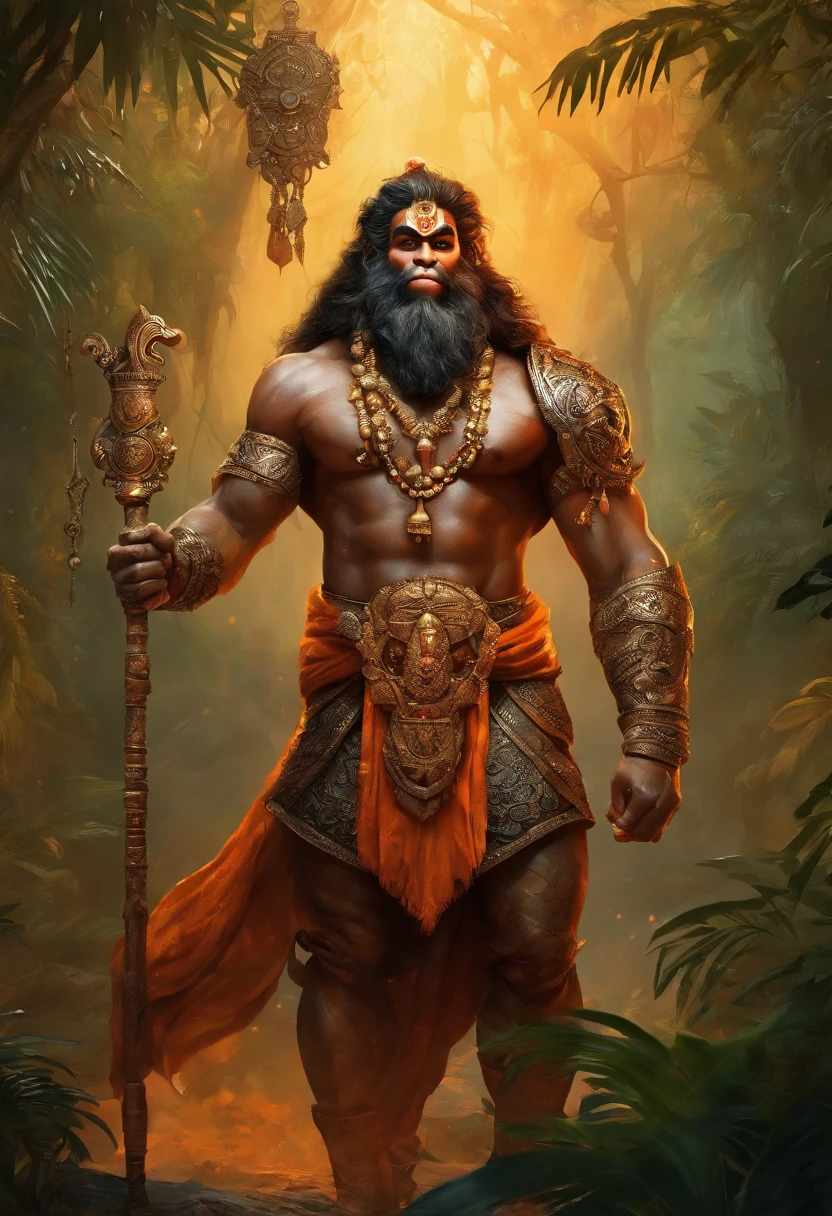 LORD HANUMAN ,a 35 years old man who has a face of a monkey, has a long tail as a monkey, proper eyes, proper hands, proper legs, An Indian god, Lord Hanuman, face of a monkey , moderate stature, has a big tail, Fire on the background, strongly built, broad-chested, narrow-waisted, and long-armed, big gada in his hand, in a dark forest (Professional 3D rendering:1.3) by (Realistic:1.3) World's most beautiful art picture, Features soft, dark complexation male heroes , hindu god, indian god, ((Epic hindu god , lord Hanuman, fantasy rough muscular man wet hero angry look long hair long slightly white beard and fierce expression in dynamic pose, wearing a orange robe, inside a jungle, burning lights in the background, majestic environment)), full body 8k unit render, action shot, skin pores, very dark lighting, heavy shading, detailed, Detailed face, (vibrant, photorealistic, Realistic , Dramatic, Dark, sharp focus, 8k), (orange cloths with heavy jewelry r:1.4), (intricate:1.4), decayed, (highly detailed:1.4), painting digital, rendering by octane, art stations, Concept-Art, smooth, sharp focus, illustration, germ of art, (Loish:0.23), Wlop Ilya Kuvshinov, and Greg Rutkowski and Alphonse Mucha Gracias, (global illumination, studiolight, Light Volumetric ), heavy rain, floating particles, scoundrel, fantasy, Eleven, full bodyesbian, ((Dark jungle background:1.3)),CGSesociedade,art stations