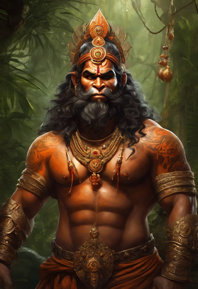 LORD HANUMAN ,a 35 years old man who has a face of a monkey, has a long tail as a monkey, proper eyes, proper hands, proper legs, An Indian god, Lord Hanuman, face of a monkey , moderate stature, has a big tail, Fire on the background, strongly built, broad-chested, narrow-waisted, and long-armed, big gada in his hand, in a dark forest (Professional 3D rendering:1.3) by (Realistic:1.3) World's most beautiful art picture, Features soft, dark complexation male heroes , hindu god, indian god, ((Epic hindu god , lord Hanuman, fantasy rough muscular man wet hero angry look long hair long slightly white beard and fierce expression in dynamic pose, wearing a orange robe, inside a jungle, burning lights in the background, majestic environment)), full body 8k unit render, action shot, skin pores, very dark lighting, heavy shading, detailed, Detailed face, (vibrant, photorealistic, Realistic , Dramatic, Dark, sharp focus, 8k), (orange cloths with heavy jewelry r:1.4), (intricate:1.4), decayed, (highly detailed:1.4), painting digital, rendering by octane, art stations, Concept-Art, smooth, sharp focus, illustration, germ of art, (Loish:0.23), Wlop Ilya Kuvshinov, and Greg Rutkowski and Alphonse Mucha Gracias, (global illumination, studiolight, Light Volumetric ), heavy rain, floating particles, scoundrel, fantasy, Eleven, full bodyesbian, ((Dark jungle background:1.3)),CGSesociedade,art stations