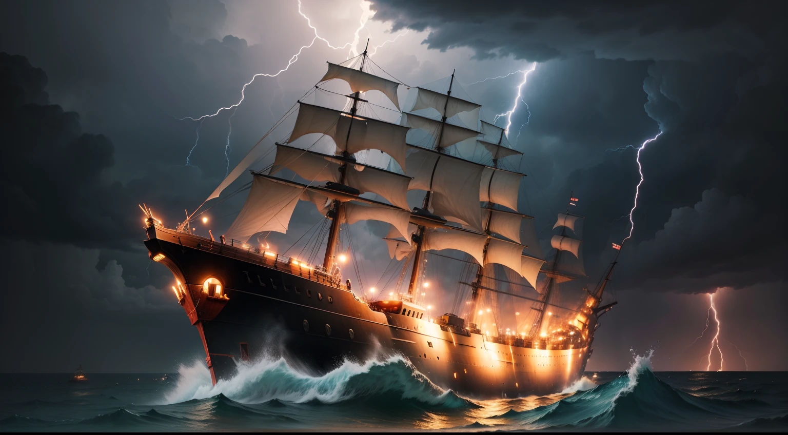 Create an image of a Greek warship sinking in a storm with lightning at night.