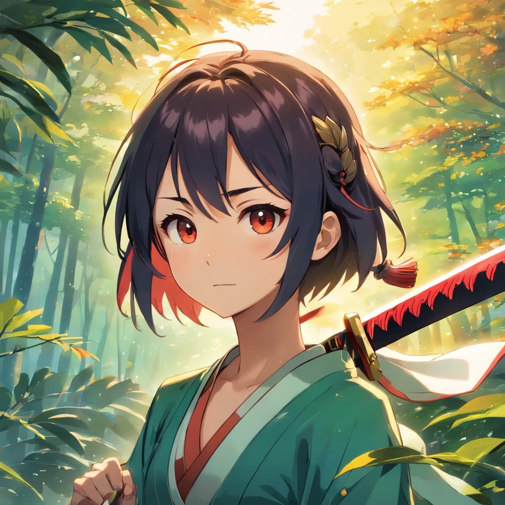 Uma garota de 15 anos, com coisas semelhantes ao mundo de kimetsu no yaiba, ela vai ter cabelos brancos de tamanho medio, olhos escuros, e um corvo azul em seu colo enquanto ela esta sentada,ela vaj estar sentada em um chao de madeira e olhando para cima, ela vai usar um haori preto com desenho de chamas vermelhas nele, ela vai ter uma katana em seu coudre que emite chamas laranjas
