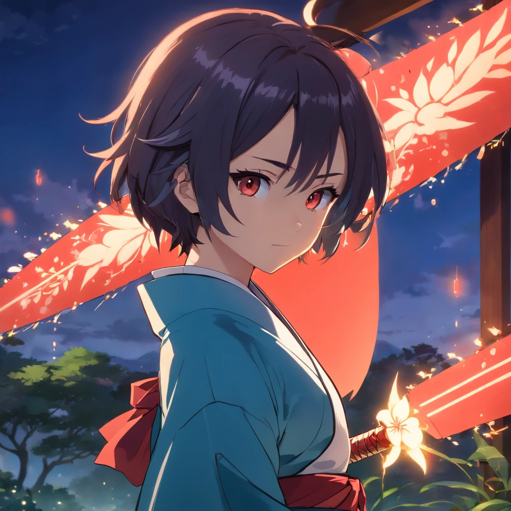 Uma garota de 15 anos, com coisas semelhantes ao mundo de kimetsu no yaiba, ela vai ter cabelos brancos de tamanho medio, olhos escuros, e um corvo azul em seu colo enquanto ela esta sentada,ela vaj estar sentada em um chao de madeira e olhando para cima, ela vai usar um haori preto com desenho de chamas vermelhas nele, ela vai ter uma katana em seu coudre que emite chamas laranjas