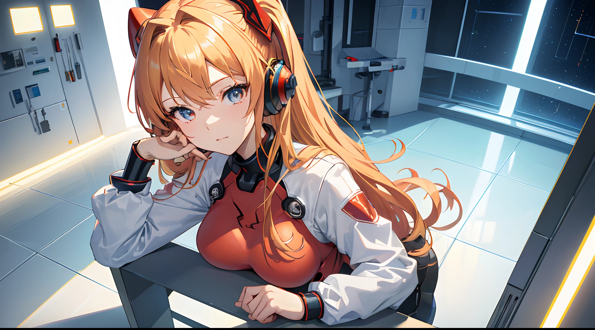 (Overhead view),dynamic angle,ultra-detailed, illustration, close-up, straight on, 1girl, 
 ((souryuu asuka langley, interface headset, red bodysuit:1.4, blonde)),Her eyes shone like dreamy stars,(glowing eyes:1.233),(beautiful and detailed eyes:1.1),(expressionless,closed mouth),(standing), 
(mechanic room with toolsand spaceship windowin a white SPACESHIP),
(night:1.2),dreamy, [[delicate fingers and hands:0.55]::0.85],(detail fingers),