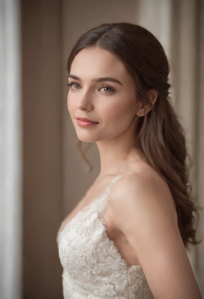 Menina bonita, sorrindo, mulher gravida, barriga grande, cabelo loiro levemente ondulado nas pontas, vestido branco longo decote fechado com mangas de renda, corpo magro, standingn, background quarto bonito