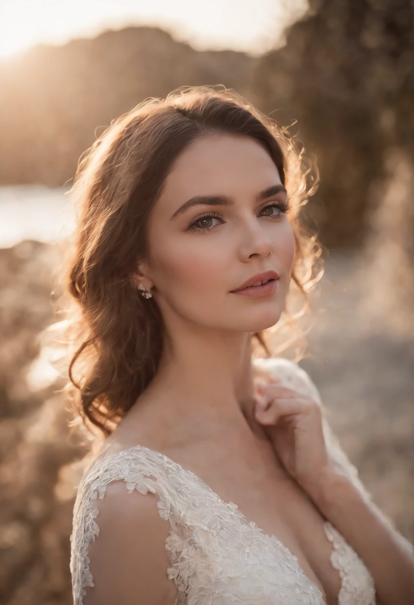 Menina bonita, sorrindo, mulher gravida, barriga grande, cabelo loiro levemente ondulado nas pontas, vestido branco longo decote fechado com mangas de renda, corpo magro, standingn, background quarto bonito