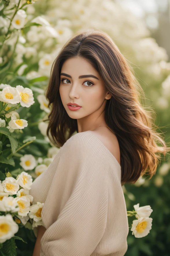 ((Realistic lighting, Best quality, 8K, Masterpiece: 1.3)), Clear focus: 1.2, 2girl, Perfect Figure: 1.4, Slim Abs: 1.1, ((Dark brown hair)), (oversized shirtin yellow and mom style jeans: 1.4), , , Super fine face, Fine eyes, Double eyelids, woman posing for the camera in front of flowers, a portrait inspired by Gina Pellón, instagram, tachisme, violet myers, lorena avarez, olivia culpo, alanis guillen, looks like laura barriales, portrait sophie mudd, tanned ameera al taweel, beautiful mexican woman