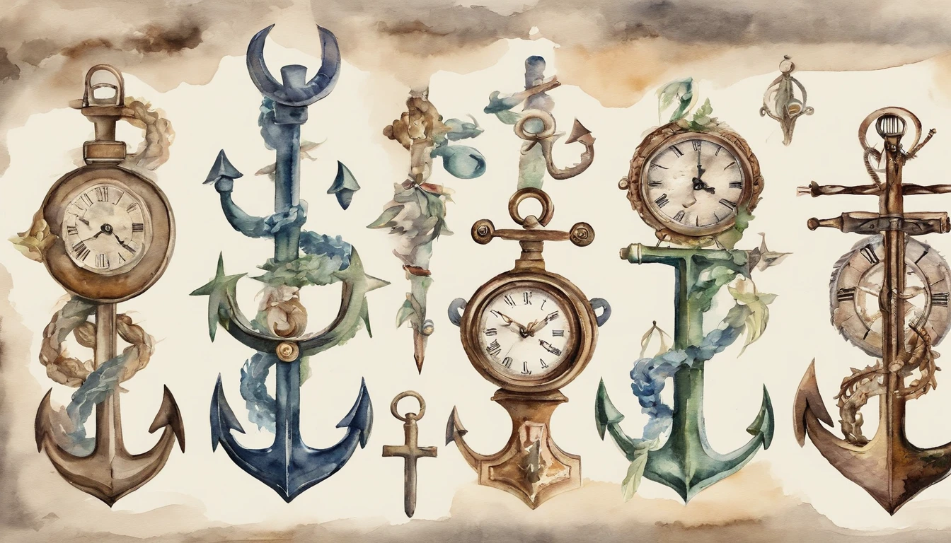 Vertical clock in the shape of an anchor、Watercolor Touch