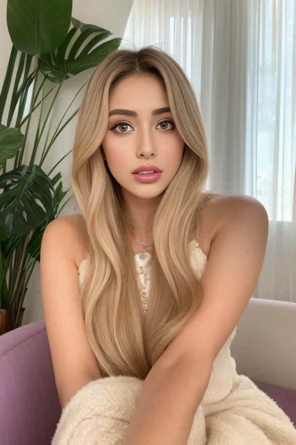 arafed woman posing for the camera in sunny living room while doing her makeup, a portrait inspired by Gina Pellón, instagram, tachisme, violet myers, lorena avarez, olivia culpo, alanis guillen, looks like laura barriales, portrait sophie mudd, tanned ameera al taweel, beautiful indian woman, blonde hair