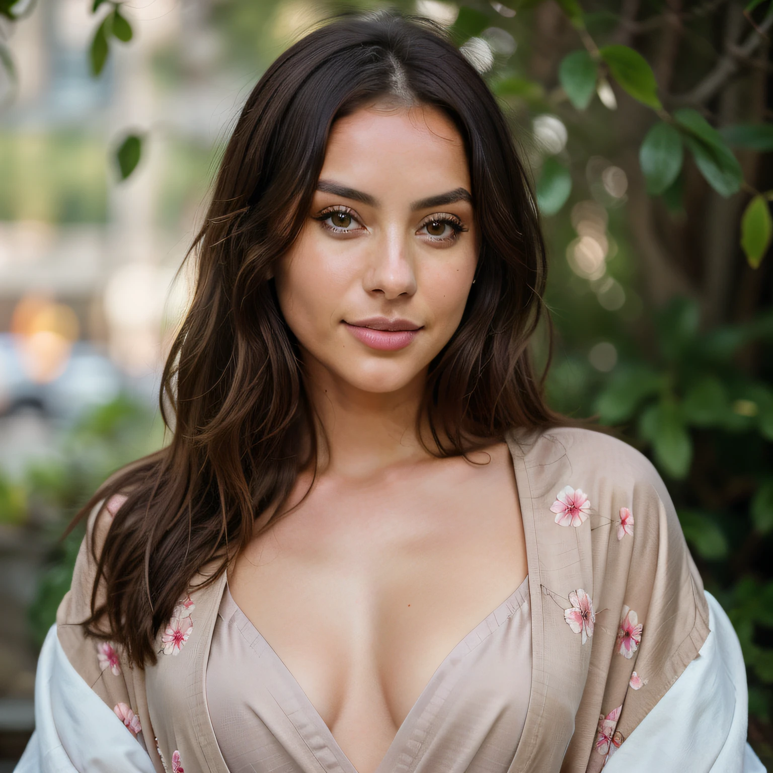 cute beautiful brunette, wearing classy kimono ,full body, perfect angle, very detailed, 32 years old, flirty face, messy long hair, brown eyes, high-res, masterpiece, best quality,intricate details, highly detailed,sharp focus, detailed skin,realistic skin texture,texture, detailed eyes, professional, 4k, smile, shot on Canon, 85mm,shallow depth of field,kodak vision color, eyeshadow, extremely detailed, photo_\(ultra\), photorealistic, realistic, post-processing, max detail, roughness, real life, ultra realistic, photorealism, photography, 8k uhd, photography, braless, pokies