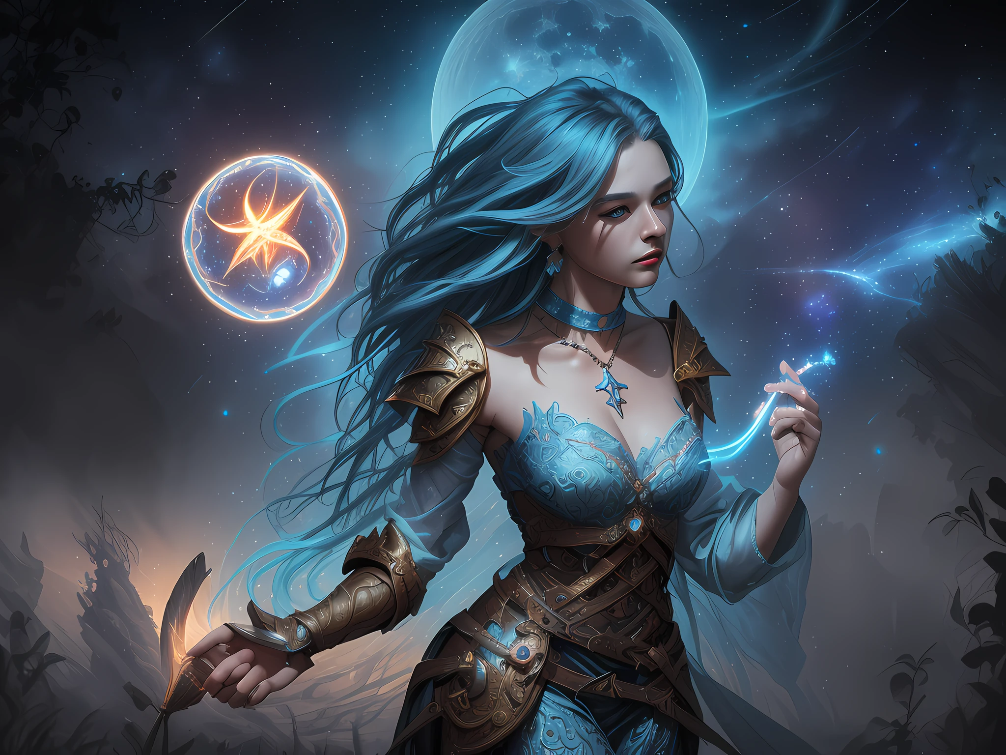 magv1ll high details, best quality, 16k, [ultra detailed], masterpiece, best quality, (extremely detailed), dynamic angle, ultra wide shot, photorealistic, ((fantasy art)) ((larry elmore style)), dnd art, rpg art, realistic art, female human druid of the stars, guardian of nature, controlling magical energy made of stars, swirling blue stary magical light, divine symbols (1.5 intricate details, Masterpiece, best quality), human female,  extremally beautiful, ultra feminine, dynamic hair, dynamic hair color, wearing leather armor, holding a staff, moon light, stars, dynamic natural background,  RPG art, magical atmosphere magic-fantasy-forest, ultra best realistic, best details, best quality, 16k, [ultra detailed], masterpiece, best quality, (extremely detailed), ultra wide shot, photorealism, depth of field, hyper realistic painting, 3D rendering
