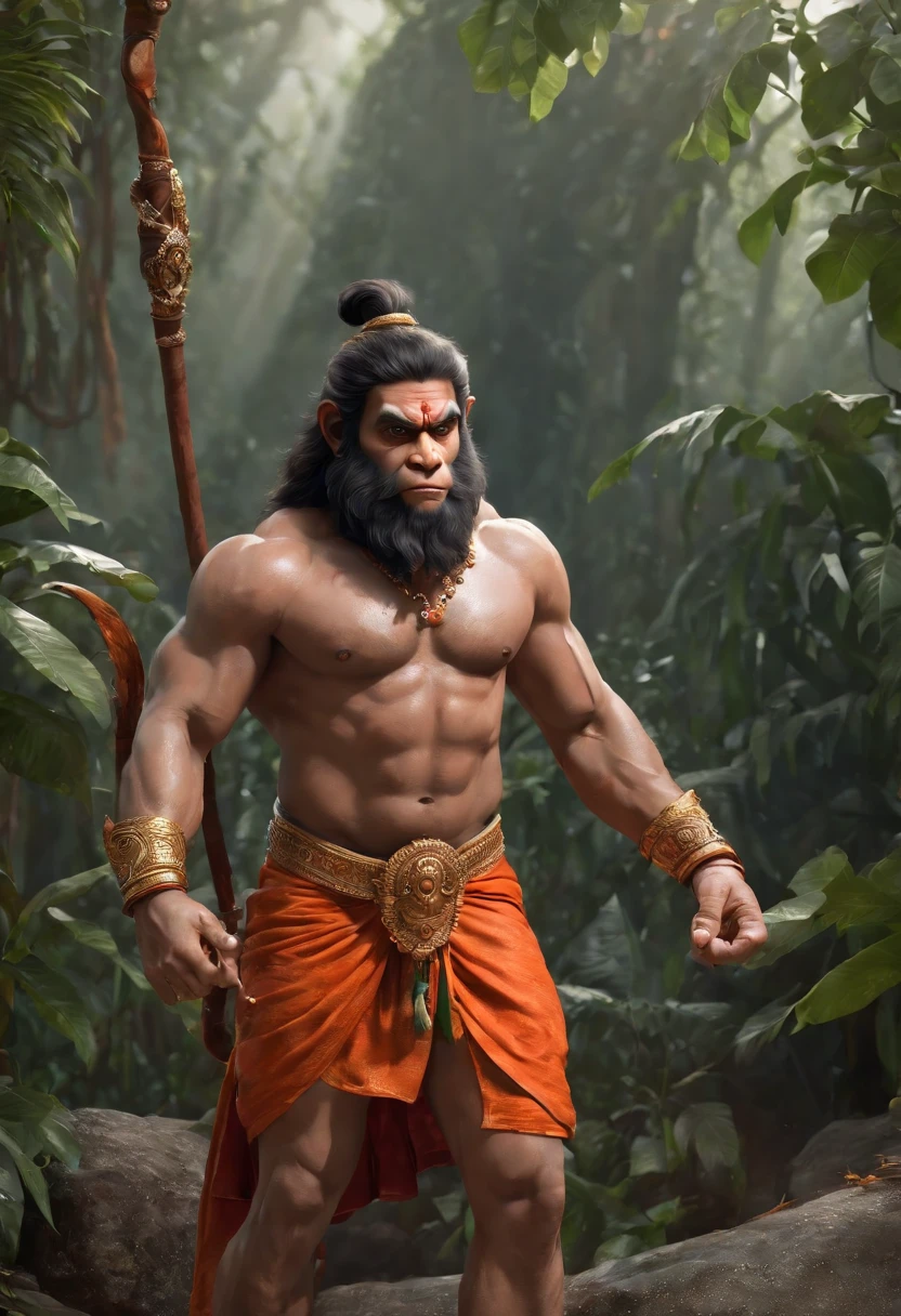 LORD HANUMAN ,a 35 years old man who has a face of a monkey, has a long tail as a monkey, proper eyes, proper hands, proper legs, An Indian god, Lord Hanuman, face of a monkey , moderate stature, has a big tail, Fire on the background, strongly built, broad-chested, narrow-waisted, and long-armed, big gada in his hand, in a dark forest (Professional 3D rendering:1.3) by (Realistic:1.3) World's most beautiful art picture, Features soft, dark complexation male heroes , hindu god, indian god, ((Epic hindu god , lord Hanuman, fantasy rough muscular man wet hero angry look long hair long slightly white beard and fierce expression in dynamic pose, wearing a orange robe, inside a jungle, burning lights in the background, majestic environment)), full body 8k unit render, action shot, skin pores, very dark lighting, heavy shading, detailed, Detailed face, (vibrant, photorealistic, Realistic , Dramatic, Dark, sharp focus, 8k), (orange cloths with heavy jewelry r:1.4), (intricate:1.4), decayed, (highly detailed:1.4), painting digital, rendering by octane, art stations, Concept-Art, smooth, sharp focus, illustration, germ of art, (Loish:0.23), Wlop Ilya Kuvshinov, and Greg Rutkowski and Alphonse Mucha Gracias, (global illumination, studiolight, Light Volumetric ), heavy rain, floating particles, scoundrel, fantasy, Eleven, full bodyesbian, ((Dark jungle background:1.3)),CGSesociedade,art stations