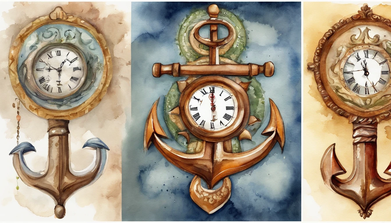 Vertical clock in the shape of an anchor、Watercolor Touch