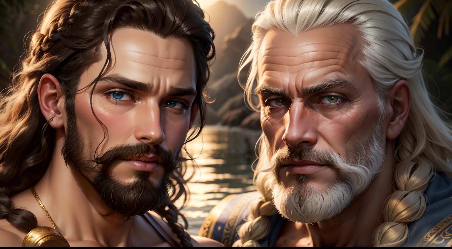 Tema escuro, Ultra resolution, hyper realistic, HDR, absyrdres, Cinematic Shot, vinheta, Centrado, DOF curto,
Um retrato em close-up de dois homens velhos, conversando, grego antigo, philosopher, stoic, Looking at camera,
olhos velhos azuis,
cabelos brancos curtos, a curly braided hair, BARBA VIKING branca,
dentes ausentes,
face estreita
pele escura, ombros largos, weathered by sun and sitting water,
Royal Double with Gold Standards,
Ancient Greece
Camera focus on one eye, high focal length, DSLR, O 200mm,
foto Cristina Otero, Dark Studio, Rim lighting, dual-tone lighting, mal iluminado, discreto, luz de fundo,