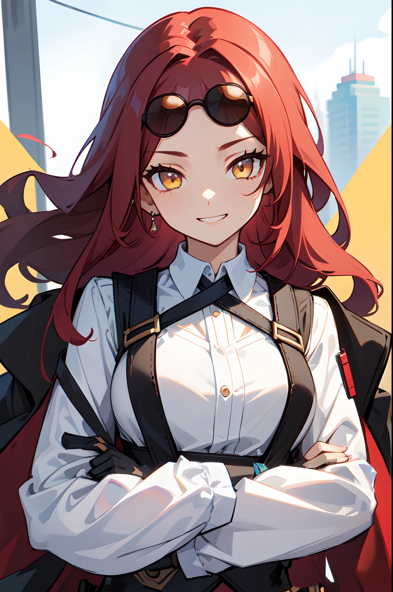 best quality, masterpiece, highres, solo, {black business suit:1.40}, {tie:1.20}, {sunglasses:1.25}, {white gloves:1.15}, {white shirt:1.10}, {black skirt:1.15}, {smoking:1.20}, handsome, {amber_genshin:1.15}, long_hair, brown_hair, bangs, ribbon, hair_ribbon, hair_between_eyes, red_ribbon, breasts, smile, brown_eyes, blush, cleavage, goggles, open_mouth, medium_breasts