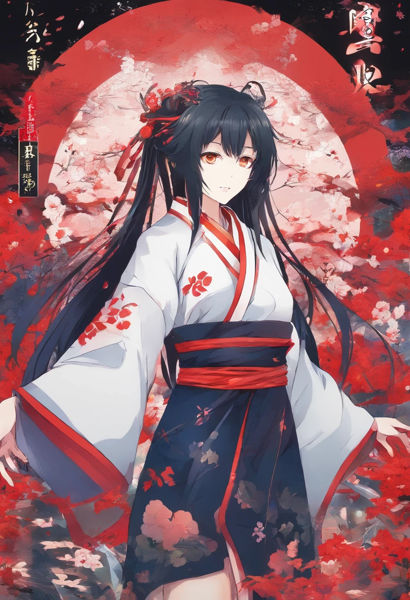 Mulher, Cabelo grande, Cor do cabelo Vermelho, Mechas Amarelas, Espada na sua Cintura, has costumes of the anime demon corporation "Kimetsu no Yaiba", haori com cores Brancas Vermelhas e Azuis. folded arms, looking-into-camera, Brava, Alegre, Chateada.