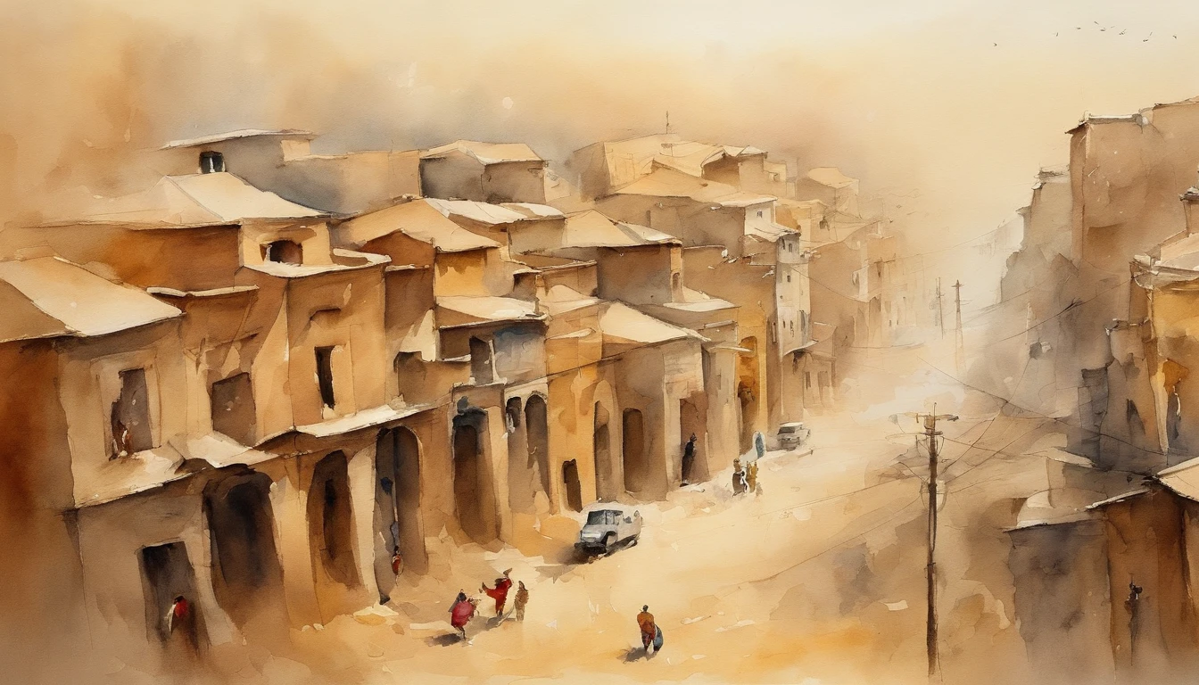A sandstorm breaks out in the city、Composition looking down from the sky、Watercolor Touch