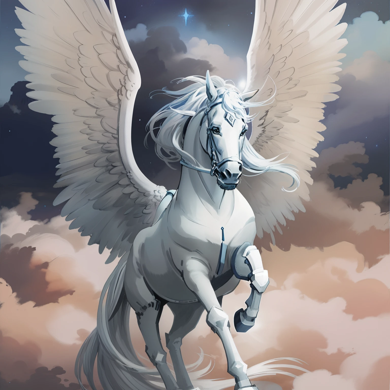 illustration, livro de fantasia medieval, cavalo alado branco, asas de anjo, fundo celestial