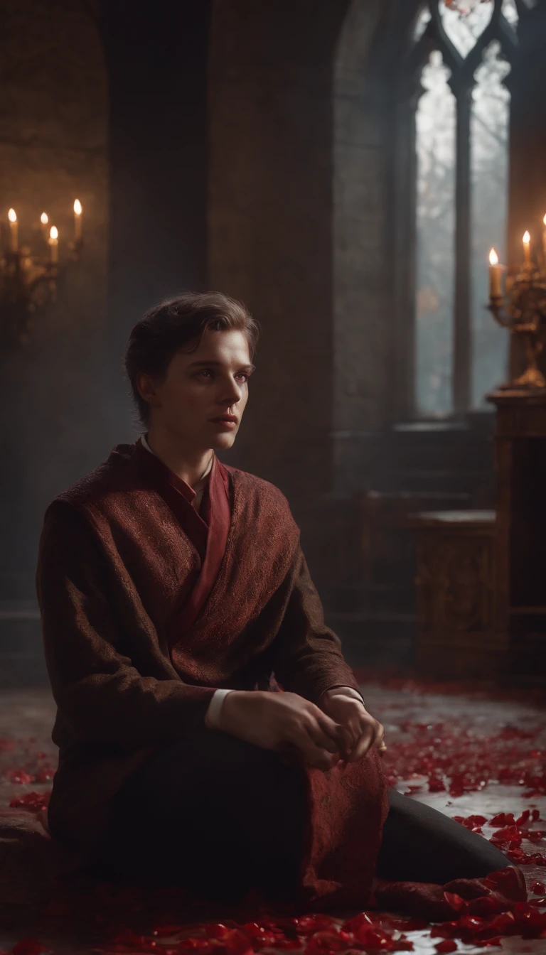 (Professional 3D rendering: 1.3) of (Realistic: 1.3) The most beautiful art photograph in the world. This artwork features (two men) sit on the floor. Blood everywhere. White shirts in bloods. The hall of manor. Victorian times, russian empire, red lights, gothic. Fire everywhere. Here is night behind them. The style is vibrant, with realistic photography, a dramatically dark focus, in stunning 8K resolution. This highly detailed digital painting is created using Octane and is inspired by artists such as Loish (0.23), Wlop, Ilya Kuvshinov, Greg Rutkowski, and Alphonse Mucha. Gracias for the global illumination, studio lighting, light volumetric effects, heavy rain, floating particles, and a fantastical atmosphere. It's a masterpiece set against an ancient and dark gothic manor backdrop (1.3), appreciated by the CGSociety and ArtStation communities.