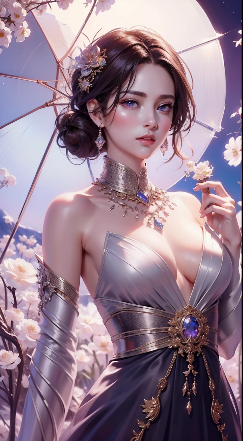 tmasterpiece，Highest high resolution，((themoon))，Dynamic bust of a beautiful aristocratic maiden，elegantly coiled brown chestnut hair，Purple clear eyes，Hair is covered with beautiful and delicate floral craftsmanship, Crystal Jewelry Filigree，Ultra-detailed details，upscaled，The Earth Rises。