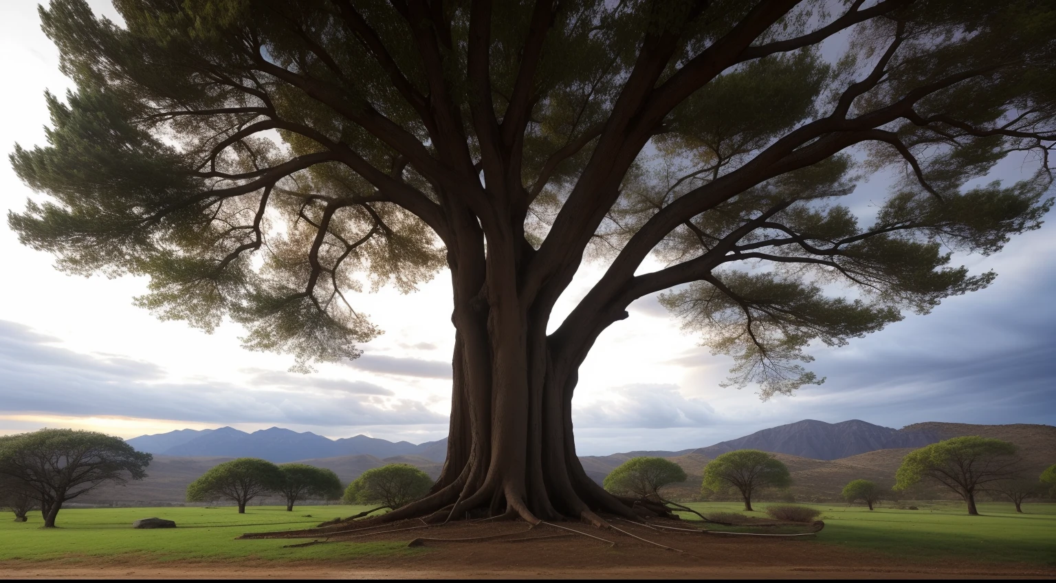 A strong and majestic tree, with roots deep in the ground and branches reaching towards the sky. Around the tree, there is a landscape that represents life's challenges, such as storms, rocks and difficult paths. However, the tree remains firm and its leaves are vibrant and full of life, symbolizing the courage and strength that faith provides to face challenges with hope and confidence.