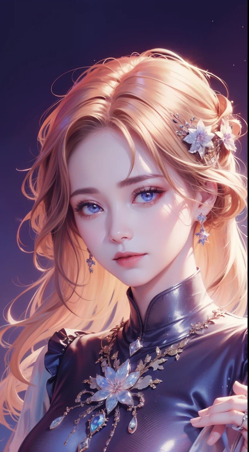 tmasterpiece,Highest high resolution,((themoon)),Dynamic bust of a beautiful aristocratic maiden,elegantly coiled brown chestnut hair,Purple clear eyes,Hair is covered with beautiful and delicate floral craftsmanship, Crystal Jewelry Filigree,Ultra-detailed details,upscaled,The Earth Rises。