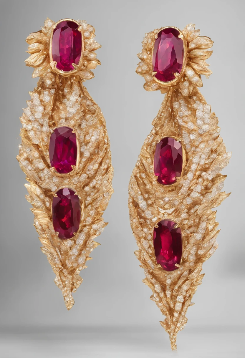 a pair of ruby earrings on white background, in the style of trompe-l'oeil folds, light brown and gold, radiant clusters, theatrical gestures, recycled, tooth wu, contrasting